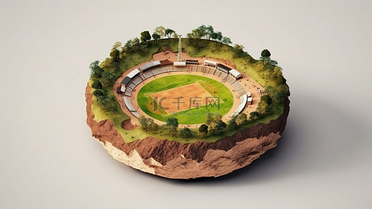 圆形地球切口上空板球场的 3D 插图