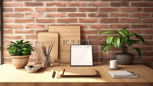 质朴木桌上的工作空间必需品，配有平板电脑模型和砖墙背景 3D 渲染