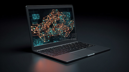 区块链区块背景图片_灰色背景下以 3D 渲染方式显示在笔记本电脑屏幕上的区块链