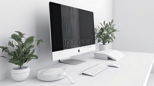 电脑创意桌面背景图片_白色背景 3D 渲染和插图上创意台式电脑的简约概念