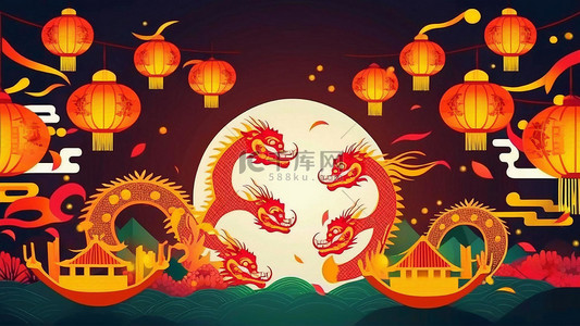 水墨龙图片背景图片_端午节灯笼龙舟