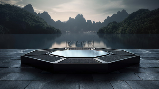 黑色水磨石背景图片_黑色水磨石的六角形讲台漂浮在泳池上，俯瞰风景秀丽的景观 3D 渲染