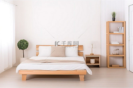 一张铺有白色地板和简单木储物的床