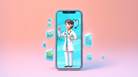 手机来电背景图片_通过智能手机卡通风格的医疗咨询医生来电的 3D 插图