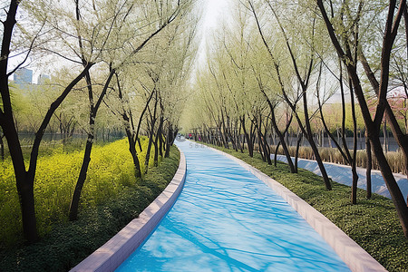 春天江景背景图片_沿着树木和花朵之间的绿色小路的蓝色走道