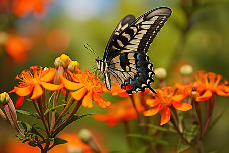 橙色花朵背景图片_一些橙色花朵上的蝴蝶
