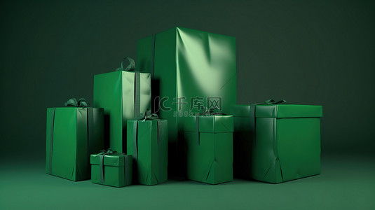 绿色包装背景图片_以 3D 渲染和各种尺寸描绘的各种绿色包装
