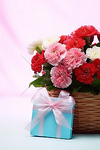 礼品卡旁边有一个装有粉色康乃馨花的篮子
