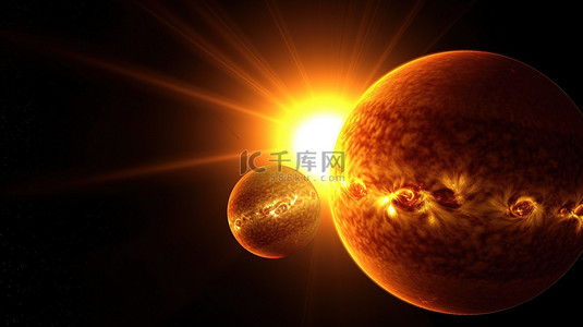 分布比例图背景图片_宇宙背景的比例 3d 渲染与大太阳和小木星