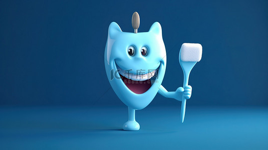 蓝色背景上带有 3D 渲染牙科工具的卡通牙齿人物