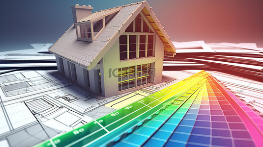 3D 渲染中描绘的节能房屋建筑，附有蓝图和评级图表