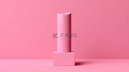 粉红色底座上口红包装模型的 3D 渲染与时尚抽象粉红色图形背景