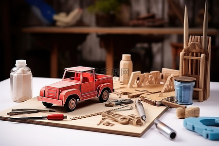桌子上的一套工具和建筑玩具