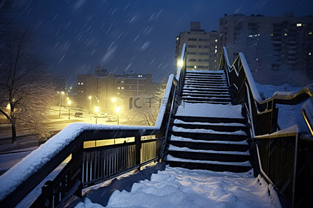 雪夜景背景图片_楼梯被雪覆盖