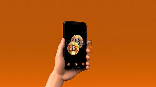 可爱的 3D 渲染手在手机上拿着比特币模型