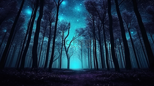 抽象黑暗背景图片_夜间迷人的森林被发光的树干 3D 渲染照亮