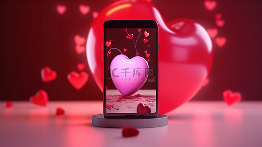 具有约会应用程序和情人节主题的逼真智能手机的 3D 渲染