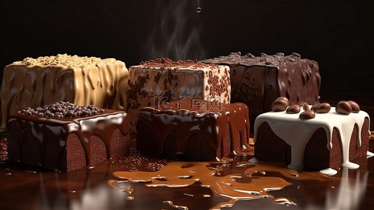 在 3D 渲染块中融化巧克力糖果和零食