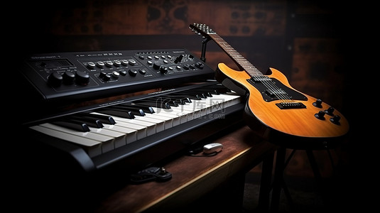 合成器背景图片_带键盘架吉他和键盘的黑暗音乐工作室的 3D 渲染