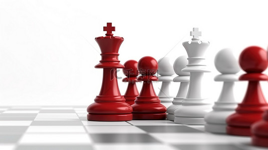 规划背景图片_白色背景上红色和白色国际象棋国王的 3D 渲染插图代表获胜红色国王的领导力