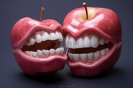 苹果表盘背景图片_牙齿苹果和嘴里的牙齿