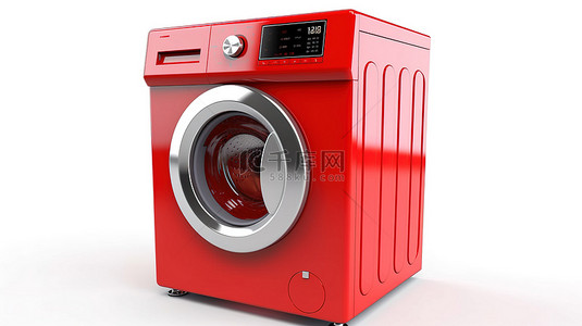白色背景下带有红丝带质量徽章的时尚洗衣机的 3D 渲染