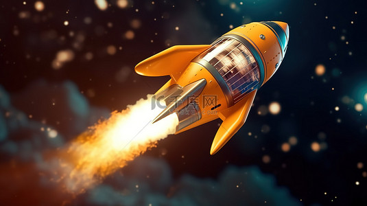 宇宙卡通飞船背景图片_太空火箭在宇宙中翱翔的 3D 插图