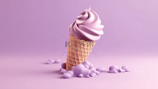 3d 渲染紫色牛奶冰淇淋在最小的粉红色背景上的甜晶圆锥中