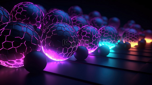 3D 渲染霓虹灯几何设计与装饰球体
