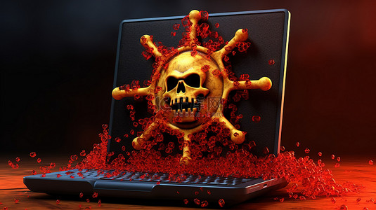 恶意软件 3D 渲染的危险描绘了被危险符号黑客攻击的计算机