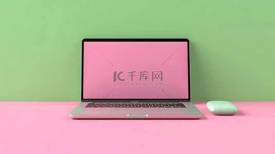 绿色背景隔离粉色笔记本电脑，带空白白屏和屏幕样机模板 3D 渲染