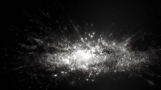 闪烁的光线和粒子形式创建抽象的黑白背景 3D 渲染