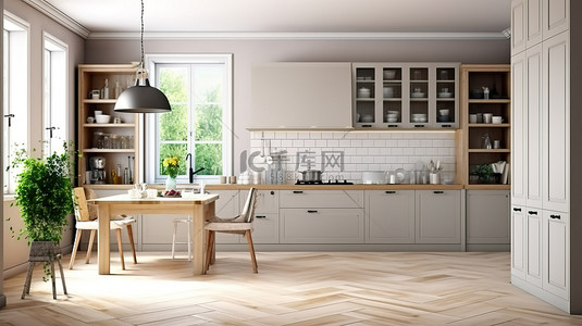 复古风格的厨房 3D 渲染木质风格的斯堪的纳维亚简约室内设计