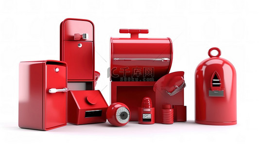 包含一组白色背景家用电器的红色邮箱的 3D 渲染