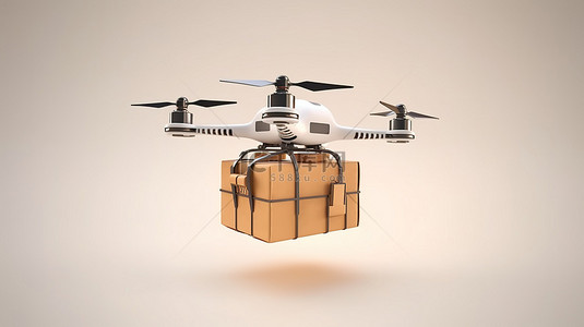 革命性的包裹投递四轴飞行器无人机在白色背景下的邮箱 3D 渲染中投递包裹