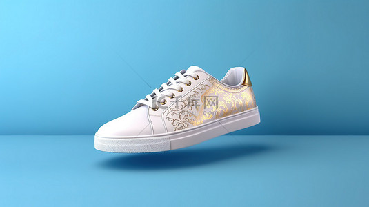 花样鞋带背景图片_蓝色背景的 3D 渲染，带有无品牌白色运动鞋和金色鞋带
