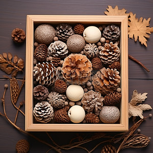 棕色桌子背景图片_一个棕色的木盒子，里面有松果松果和球