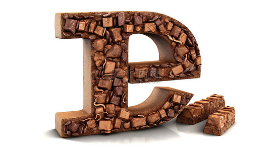 3d 巧克力块字母 e 美味诱人的字母符号