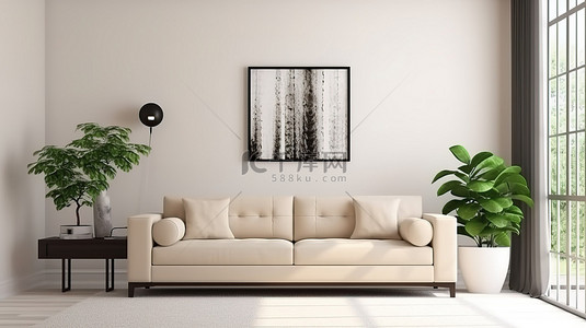 白墙客厅中的当代米色沙发 3D 渲染