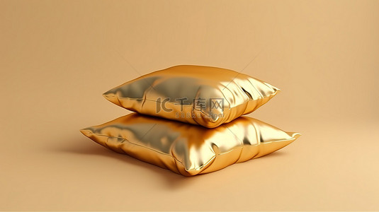 透明的包装背景图片_金色枕式包装流包装样机的 3D 插图