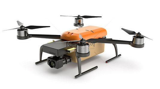航空物流背景图片_白色背景下配备货箱的无人机的孤立 3D 插图