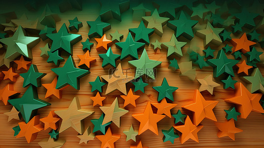 绿色和橙色的星星画在木制背景上 3d 渲染
