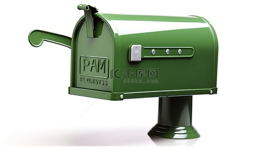 带有绿色邮箱和信件的白色背景的 3D 插图