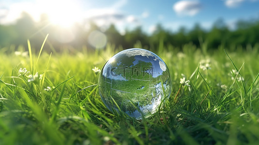 地球背景背景图片_在环境概念视图中郁郁葱葱的绿草地中玻璃地球仪的 3D 渲染
