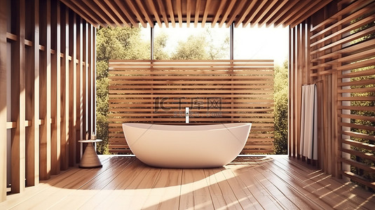 格子墙背景图片_现代浴室设计与阳光照射的木格子墙 3D 渲染