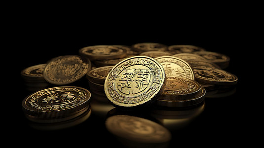 黑色背景下的 3D 渲染中国金币非常适合文本或消息