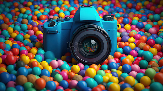 拍中背景图片_蓝色相机的 3D 渲染，蓝色背景中被充满活力的球包围