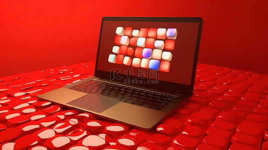 电脑红色背景背景图片_笔记本电脑和 YouTube 徽标模型在充满活力的红色背景上的 3D 渲染