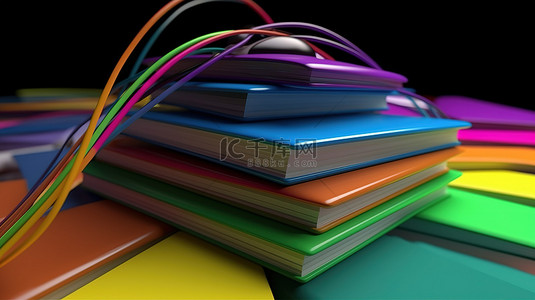 在 3D 渲染中连接到一堆高耸的彩色书籍的计算机鼠标