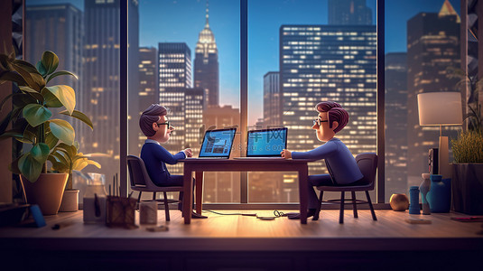 在现代办公室使用笔记本电脑工作的卡通自由职业者的 3D 插图